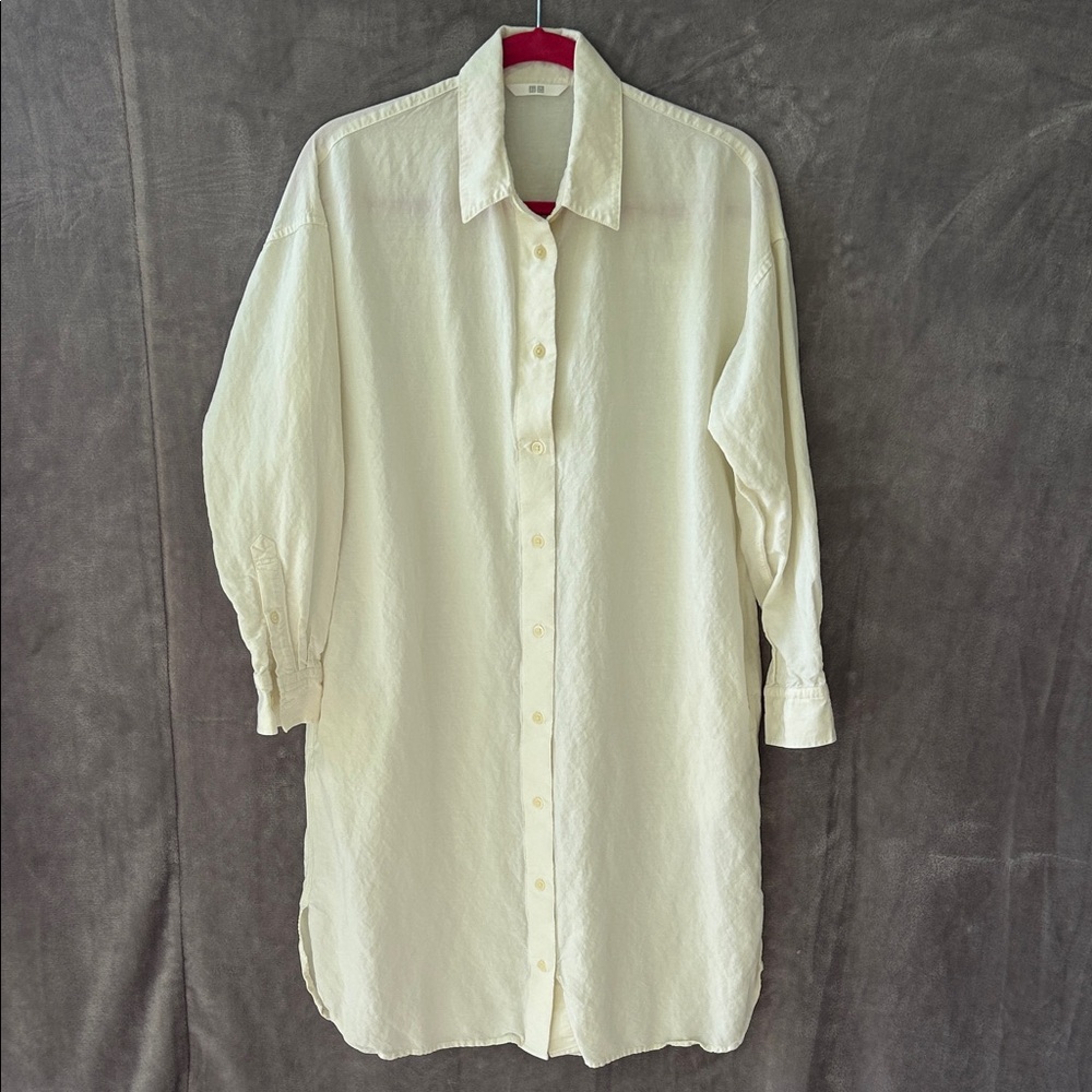 Uniqlo Cream Long Sleeve Linen Blend Button Down Collared Dress XS Oversized